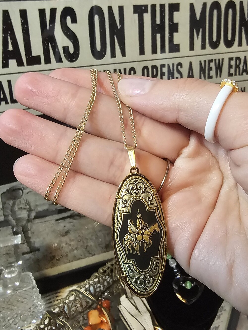 Gold-Tone Black Enamel Knight Pendant Necklace - Elegant Women's Jewelry